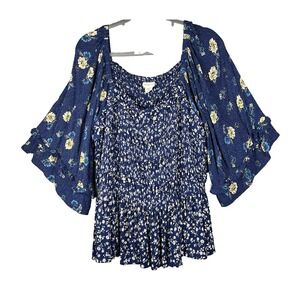 ROMANTIC GYPSY Blouse Women Size 4X Floral Smocked Flare 3/4 Sleeves Ruffle Boho
